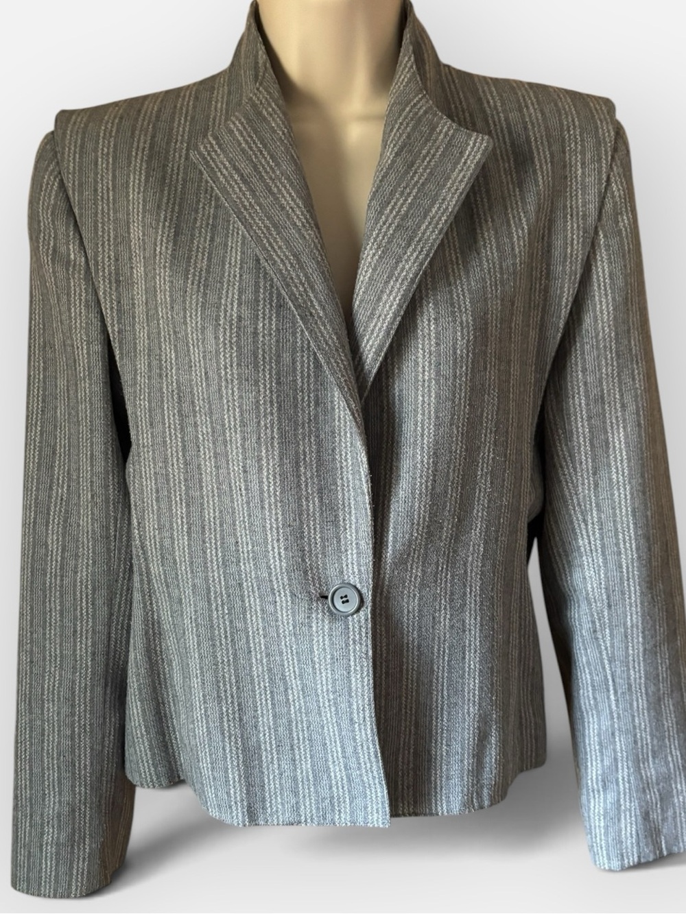 Vintage Peabody House Collarless Structured Gray Short Striped Wool Blazer